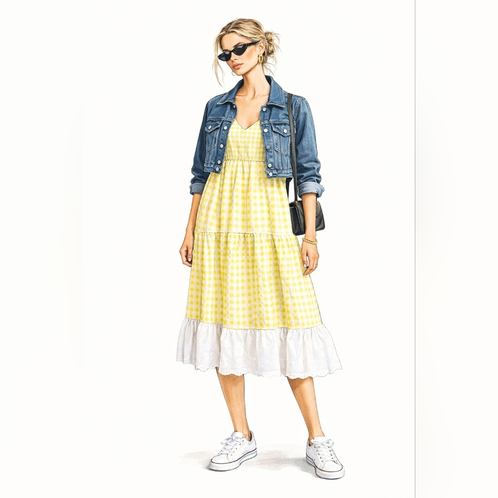 Refashioned Yellow Gingham Midi Sundress with Eyelet Ruffle Hem - Picture 7 of 9